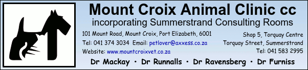MOUNT CROIX ANIMAL CLINIC cc
incorporating Summerstrand Consulting Rooms
101 Mount Road, Mount Croix, Port Elizabeth, 6001
Tel: 041 374 3034
Website: www.mountcroixvet.co.za
Shop 5, Torquay Centre
Torquay Street, Summerstrand
Tel: 041 583 2995
Dr Mackay * Dr Runnalls * Dr Ravensberg * Dr Furniss